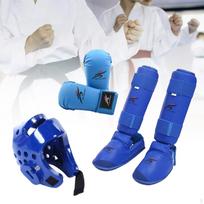 Karate sparingo įrangos rinkinys su blauzdų apsaugais, treniruočių įranga, bokso galvos apdangalai, pirštinės Blue XL gray