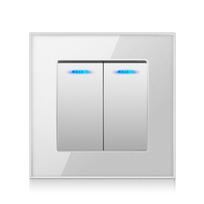 Kristalinio stiklo skydelis 2 jungikliai 2 kryptys Praeinamasis LED indikatorius 16A Įjungimo/išjungimo šviesos jungiklis Laiptų sieninis jungiklis (Silver,86mm*86mm&US Standard)