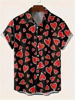 Heart Print Short Sleeve Shirt, Casual Summer Essential, Stylish and Comfortable XXL red