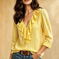 Women's Long Sleeve V-Neck Ruffle Blouse Color Elegant M geltona