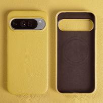 Prabangus karvės odos magnetinis odinis dėklas Google Pixel 10 Pro XL 9 Pro 8 7A, pilnas krašto apsaugos, atsparus smūgiams galinis dangtelis Google Pixel 10 geltona