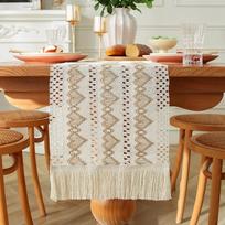 Simple And Light Luxury Table Runner Cotton Jute Splicing Bohemian Style Table Runners With Tassels Dining Home Table Decoration 30x120cm beige