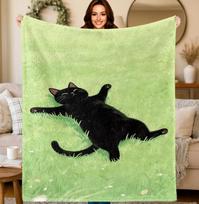 pc Flannel Blanket with Black Cat And Lime Green Plush Feline Soft AllSeason Cozy Throw for Bed Sofa Camping  Cat Lover Gift 75x100cm (30x40inch) black