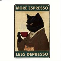 Retro Metal Tin Sign More Espresso Less Depresso Poster Drinking Poster Coffee Lover Gift Funny Black Cat Wall Art 20x30cm（7.8x11.8inch） beige