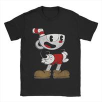Cuphead & Mugman Retro Žaidimų Marškinėliai Vyrams Vintage Grynos Medvilnės Marškinėliai Su Apvalia Kaklo Iškirpte Trumpomis Rankovėmis Marškinėliai Spausdinti Drabužiai S gray