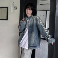 Parallel bars stand-up collar denim jacket men's spring loose ruffian handsome jacket trendy high-end wear 2XL mėlyna