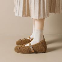Plush-Lined Mary Jane Shoes: Hidden Height Boost, Cotton for Autumn/Winter, Women's, White & Brown, Ideal for Petite Figures 39 ruda