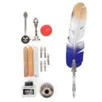 Vintage Retro Feather Dip Pen Alloy Nibs Calligraphy Writing Pen Gift with Box(Gradient Blue) white
