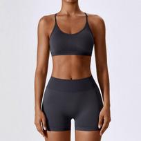 Latte Girl Fashion Sexy Beauty Back Yoga Clothes Workout Clothes Suit Running Quick-Drying Tight Sports Female Bubble Wrap Bra + Shorts Dark Gray XL brown