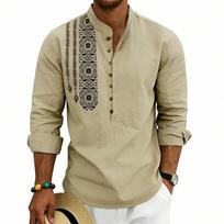 Men Linen Blend Long Sleeve Shirt, Mandarin Collar Ethnic Geometric Print Half Button Henley Shirts Casual Beach Bohemian Tops For Men Multiple Colors L chaki