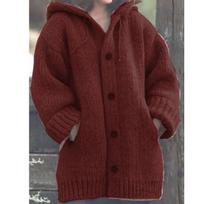 New Women's Hooded Mid-length Cardigan Sweater Coat, Popular Hot Sale Casual Outerwear for Women 5XL vyno raudonos spalvos