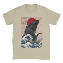 Trumparankoviai marškinėliai Unikalūs japoniški Godzilla ir Didžioji banga marškinėliai S-5XL Drabužiai grafiniai vasariniai Vyriški apvaliu kaklu Grynos medvilnės marškinėliai S beige