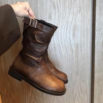 Botas Avalynė Moteriški Odiniai Batai Retro Sagtis Vidutinio Ilgio Batai Apvalus Pirštas 2024 Vandeniui Atsparūs Laisvalaikio Batai Moterims Botas De Mujer 40 ruda
