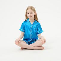 Vaikų ledo šilko pižamų komplektas - Patogūs vasaros miego drabužiai berniukams ir mergaitėms 110-120CM fits size 130 blue