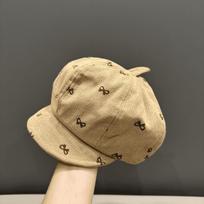Girls Autumn Winter Corduroy Beret Octagonal Hat Cute Bowknot Painter Cap Pumpkin Hat Stylish Baby Hats 42-52cm recommended for 2-8 years old beige