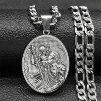 Religious ST.Christopher Protect Us Medal Necklace for Women Men Stainless Steel Silver Color Catholic Saint Chain Jewelry gray
