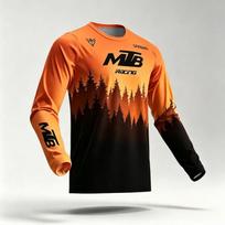 Men MTB Mountain Bike Long Sleeve Jersey Forest Print Crew Neck Cycling Shirt Off‑Road Downhill Racing Breathable Outdoor L orange