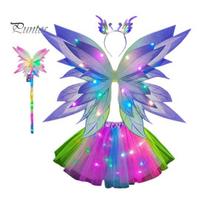 LED šviečiantys drugelio sparnai fėjos kostiumų rinkinys mergaitėms Šviečiantis tiulis sijonas lazdelės galvos juosta Cosplay vakarėlio palanki kalėdinė apranga 4pcs violetinė