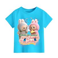 Summer LABUBU Pattern Children's T-shirt Cartoon Labubu Print Girl Round Neck Short Sleeved Casual Children's Top 130 blue