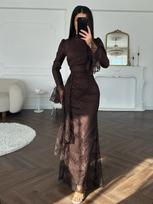 Rudens žiemos moteriška elegantiška nėriniuota prigludusi vakarinė suknelė S kava