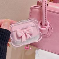 3D Pink Bow Earphone Case For AirPods 4 3 2 1 Pro 2 TPU Cover Floral Girls Coque For AirPods Pro2 Pro 2 2nd 4th Cases With Hook For AirPods 4 rožinė