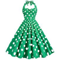 Moteriška retro Hepburn stiliaus suknelė su klostuotu taškuotu raštu ir liekninančiu plačiu sijonu S green