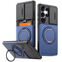 Dėklas Samsung Galaxy S26 S25 S24 Ultra Plus FE + Automobilinis magnetinis laikiklis Metalinis žiedas Paslėptas kortelės lizdas Stumdomas kameros apsaugos dangtelis Galaxy S26 black