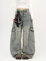 American retro multi-pocket tooling jeans men's and women's autumn and winter new high street loose straight wide-leg pants tide 2XL mėlyna