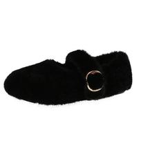 2026 Fairy Fur Belt Mary Jane Shoes Woman Winter Cotton Ballets Rabbit Hair Loafers Femme Warm Fluffy Fur Flats Ladies Mocasines 35 juoda