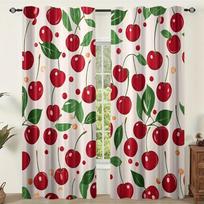 Cartoon Red Cherry Curtains, Fresh Fruit Leaf Dot Pattern White Drapes for Bedroom Kitchen Living Room Farmhouse Home Decor 53x116CM-2PC gray