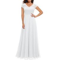 Elegantiška šifono V formos iškirptės nėriniais vakarinė suknelė ilga A formos maksi suknelė nuotakos mamai, pamergei, vestuvių svečiui, vakarėliui M white