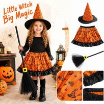 Girls Halloween Pumpkin Print Dress with Witch Hat and 3 Piece Costume Set One Size black