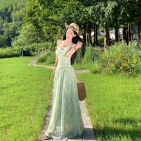 1011 The Wizard of Oz Adjustable Suspender Dress Flower Edge Folds Fairy Vacation Dress Long Dress Chest Pad XL žalia