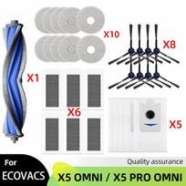 Tinka Ecovacs Debot X5 OMNI / X5 PRO OMNI / X5 PRO dulkių siurblio dalys: Pagrindinis volelis, Šoninis šepetėlis, Dulkių maišelis, Filtras, Mopas, Priedai