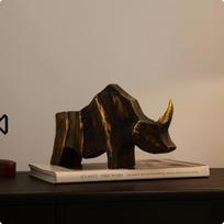 Rhino Sculpture Antique Rhino Statue Sculpture with Gold Tusk Geometric Rhinoceros Statue Rustic for Art Collectors, Tabletop brown