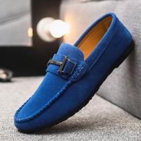 Loafers single shoes low top round head lazy shoes men's comfortable handmade leather shoes soft sole casual one pedal 45 blue