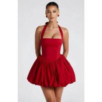 Elegantiška raudona su atvira nugara korsetinė mini suknelė su petnešėlėmis moterims, pūstu galu, trumpos suknelės vasaros vakarėliui, gimtadieniui, vestuvių svečiui, kokteiliui M raudona