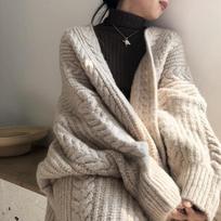 Women Vintage Lazy Style Long Sleeve Knit Cardigan Mid Length Sweater L abrikosas
