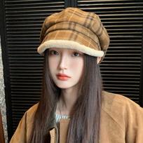 Sweet and Versatile Checked Bristled Beret for Women In Autumn and Winter Casual Plus Velvet Thickened Octagonal Hat Cold and Warm Painter Hat average size beige