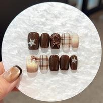 10pcs Short Square Handmade Press On Nails Brown Striped Gradient Cat Eye Full Coverage Nail Tips For Women Pure Desire white