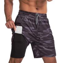 Men's Running Solid Color Two-in-one Grid Quick-drying Five-point Pants Sports Casual Fitness Jogging Shorts L raudona