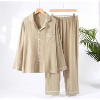 Cotton Men's Pajamas Suit Loose Spring and Autumn Double-layer Cloth Long-sleeved Suit 3XL chaki