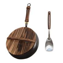 Non-Stick Cast Iron Wok with Lid & Spatula 24/28cm Large Belly Frying Pan for Stir-Fry Soup Uncoated & Scratch-Resistant Induction Compatible 24cm B brown