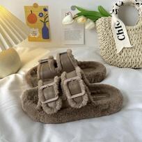Fashion Women's fur flip flops thick bottom flocking time shoes outdoor slippers autumn slippers Roman shoes plush fabric 2024 40 gray