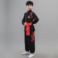 Vaikų kovos menų kostiumai Spektaklio kostiumai Kinų Kung Fu uniforma Vaikų pasirodymui Wushu komplektai Berniukui Apykaklė Ilgomis rankovėmis Tai Chi Dvienis komplektas 140 juoda