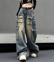 Daugiakišenės Streetwear Cargo Kelnės Moteriškos Rudens Žiemos Plačios Kojos Plaunamos Negabaritinės Džinsai Moteriškos Y2k Baggy Denim Kelnės XL gray