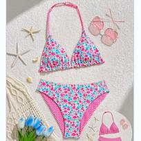 Girls Two Piece Swimsuit High Waist Bikini Set with Floral Print and Checkered Pattern Adjustable Halter Neck for Outdoor Swimming 150 violetinė