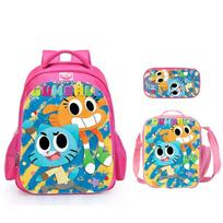 Colorful Alien Friends Gumball High Definition Printed Schoolbag Smooth Zipper Children'S School Three-Piece Set Red envelope + vertical meal + red pen pink