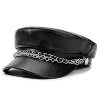 PU Leather Beret Hat Silver Chain Decor Octagonal Beret Cap Vintage Peaked Hat  Autumn Winter juoda