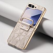 For Samsung Galaxy Z Flip 7 FE 6 5 4  Leather Embossed Flower Phone Case with Ring Buckle Electroplated Shockproof Cover Galaxy Z Flip 7 smėlis